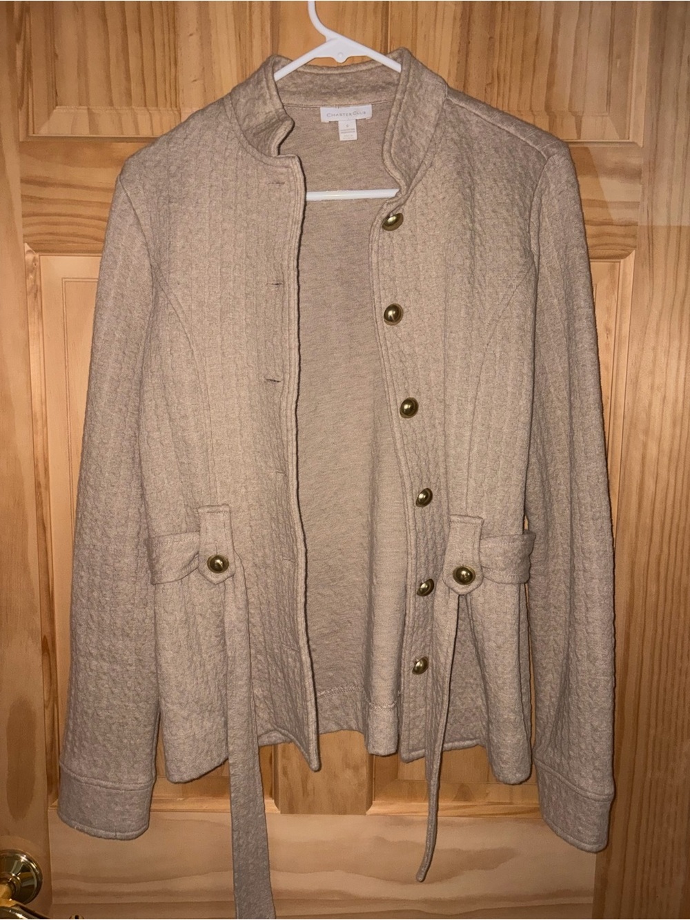 Charter Club Cream Quilted Tie-Waist Jacket with Gold Buttons